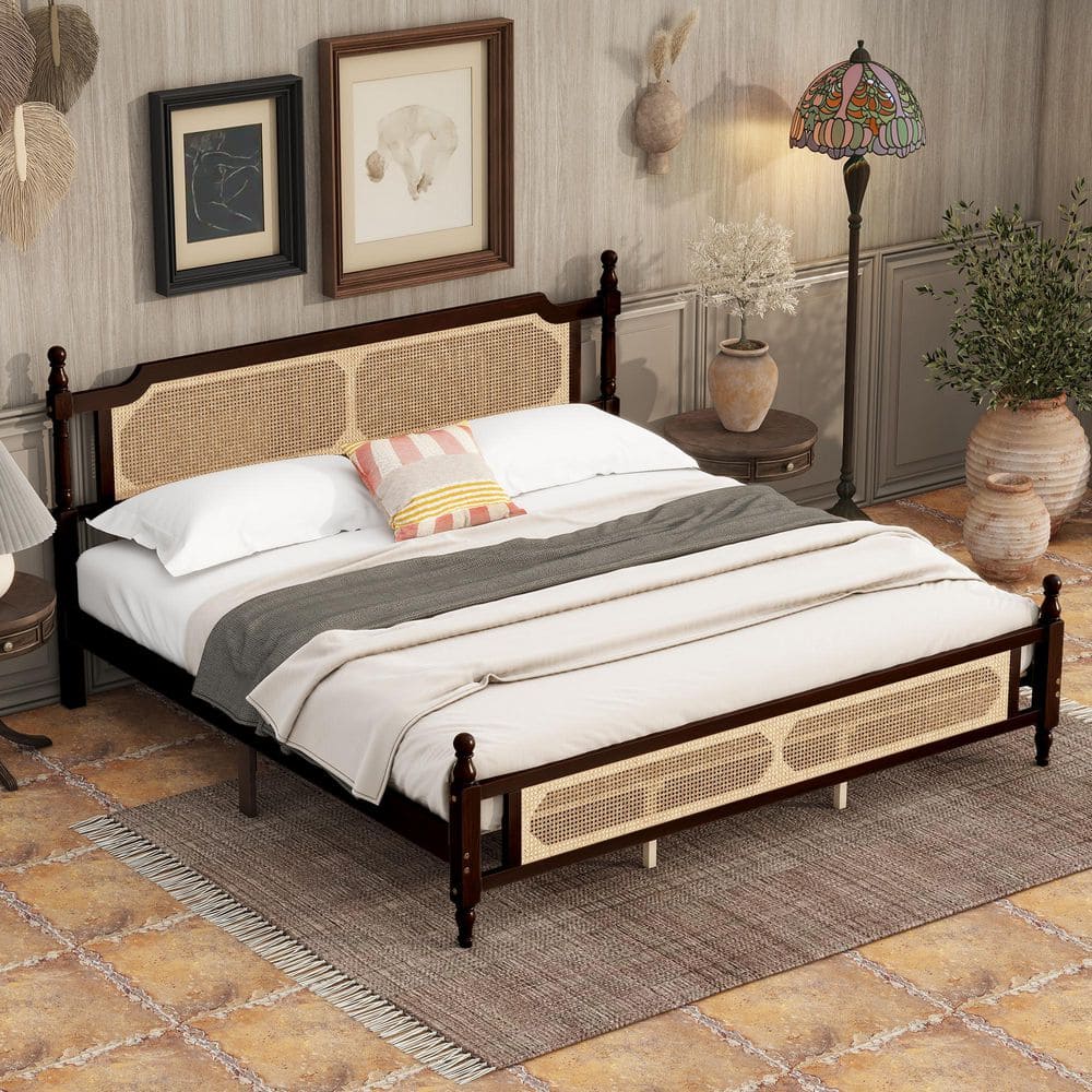 Dark Brown Wood Frame King Size Platform Bed with Rattan Headboard and Footboard