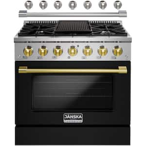 36 in. 5.2 cu. ft. Gas Range with 6-Burners, Convection Oven, Griddle, and 2-Sets of Knobs and Handle in Matte Black