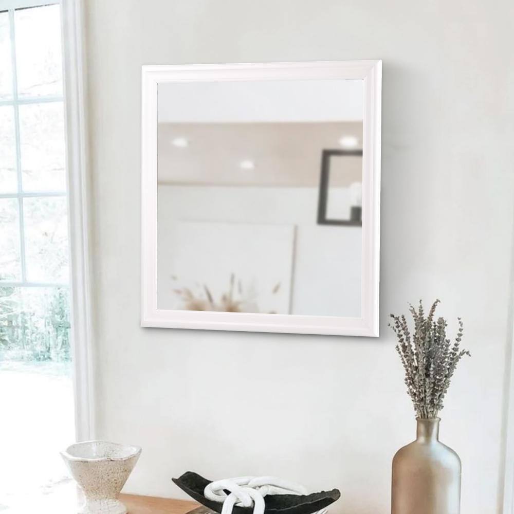 Transitional 39" Square White Wooden Mirror with Beveled Edges