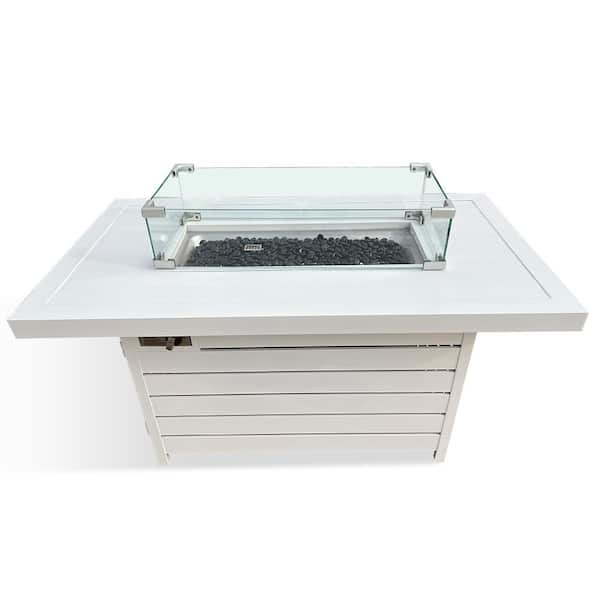 HiGreen Outdoor Camel 47.24 in. x 25.98 in. Rectangle Aluminum Propane Outdoor Fire Pit Table with Wind Guard Lid Fire Glass Beads