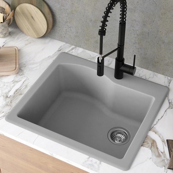 Quarza 25 in. Drop-in/Undermount Single Bowl Grey Granite Composite Kitchen Sink with Grey Strainer