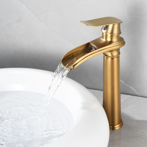 Waterfall Single Hole Single Handle Vessel Sink Faucet with Pop-up Drain in Antique Brass