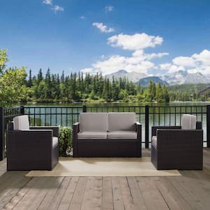Palm Harbor 3-Piece Wicker Outdoor Seating Set with Grey Cushions - Loveseat and 2 Outdoor Chairs
