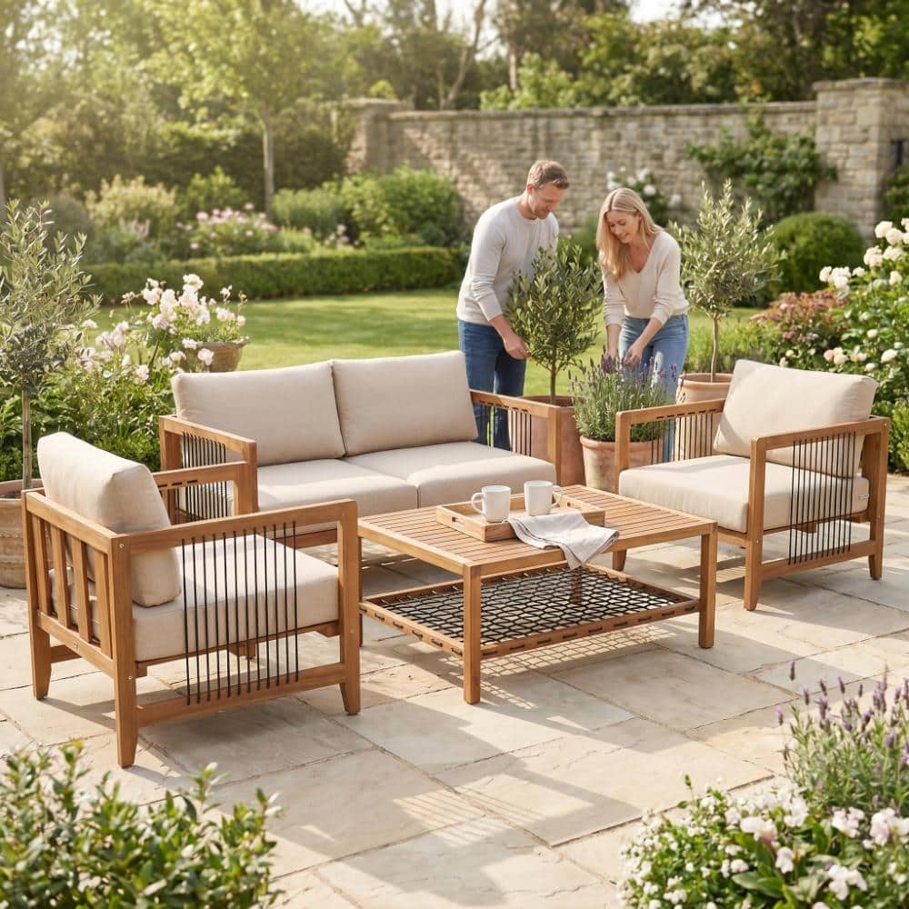 4-Piece Acacia Wood Outdoor Patio Conversation Sofa Set with Black Rope Accents and Cushions price history on PriceWatchPro