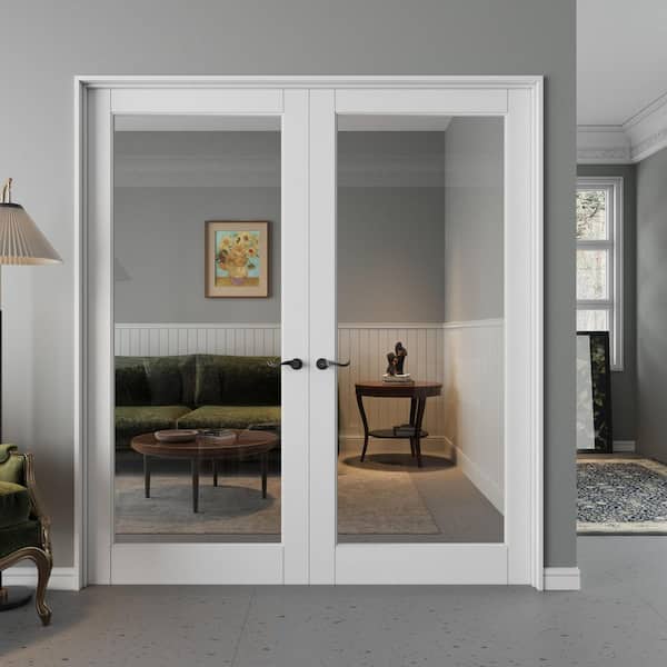 72 in. x 80 in. 1-Lite Clear Glass Universal White Solid Core Glass Double Prehung French Door Plus Quick Assemble Jamb