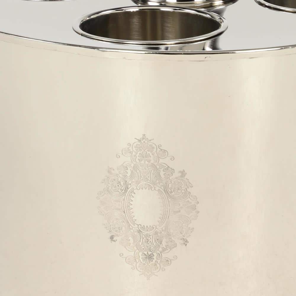 Large Oval Silver Metal Ice Bucket with Handles and Etching