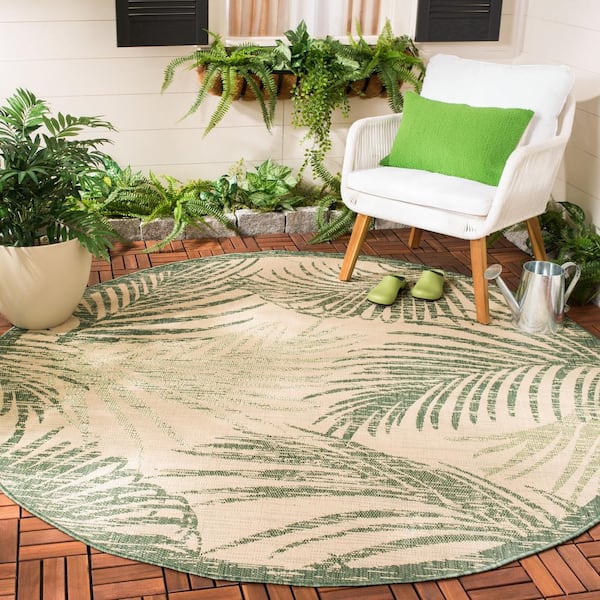 Courtyard Beige/Green 5 ft. x 5 ft. Border Palm Leaf Indoor/Outdoor Round Area Rug