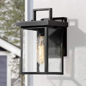 Matte Black Outdoor Wall Light 1-Light Cage Modern Outdoor Wall Lantern Porch Wall Sconce with Seedy Glass