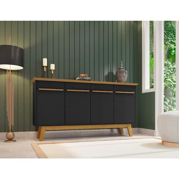 Manhattan Comfort Yonkers Mid-Century Modern Black and Cinnamon Composite Wood 62.99 in. Sideboard with 4-Storage Shelves and 4-Doors