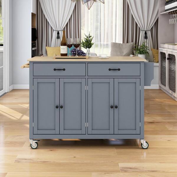 FAMYYT Rolling Gray Rubber Wood Desktop 54 in. Kitchen Island with ...