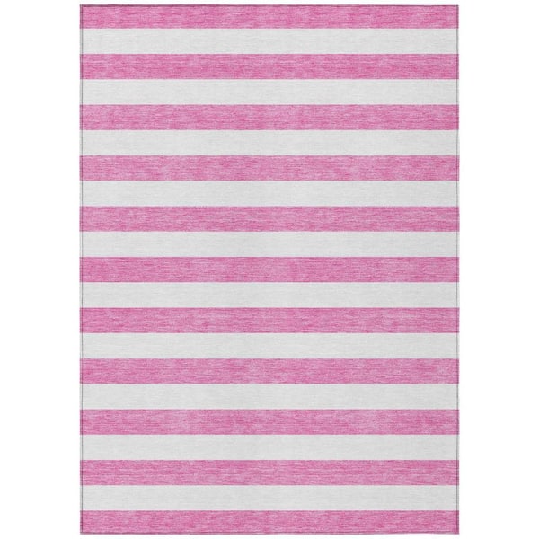 HomeRoots Pink and White 8 ft. x 10 ft. Woven Striped Polyester Rectangle Indoor/Outdoor Area Rug
