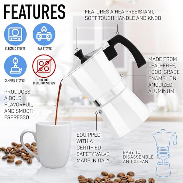 Zulay Kitchen 3-Cup Premium Moka Pot Stovetop Espresso Maker-White