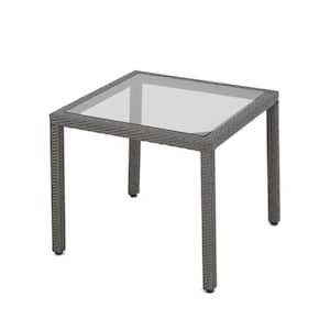 Grey Rattan Outdoor Dining Table Polyethylene Wicker for patio and Backyard Compact Glass Top 4 Seater