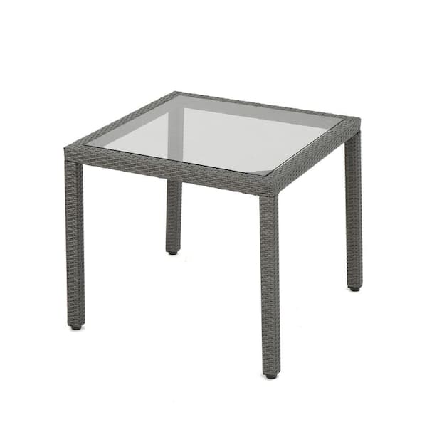 ITOPFOX Grey Rattan Outdoor Dining Table Polyethylene Wicker for patio and Backyard Compact Glass Top 4 Seater