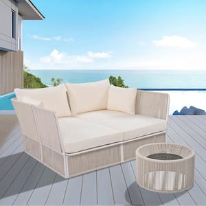 Natural 2-Piece Metal Outdoor Day Bed with Beige Cushions and Clear Tempered Glass Table
