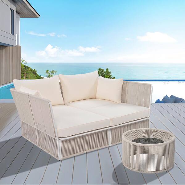 Cascia Natural 2-Piece Metal Outdoor Day Bed with Beige Cushions and Clear Tempered Glass Table