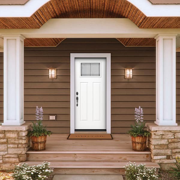 36 in. x 80 in. Right-Hand Craftsman Ballantyne Decorative Glass Modern White Steel Prehung Front Door