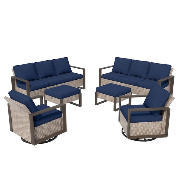 Wicker 8 Seat 6-Piece Steel Outdoor Patio Conversation Set with Blue Cushions