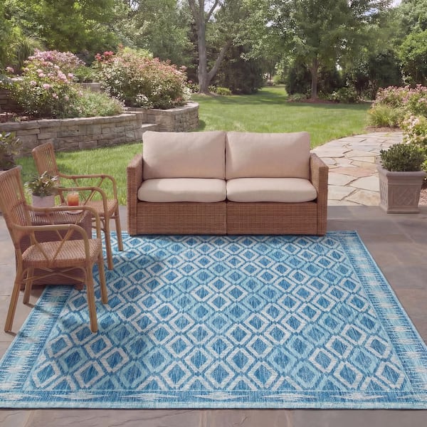 Courtyard Navy/Aqua 8 ft. x 11 ft. Border Indoor/Outdoor Patio  Area Rug