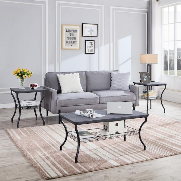 Bestier Round Coffee Table with Storage, Living Room Tables with Sturdy  Metal Legs, Retro Grey Oak