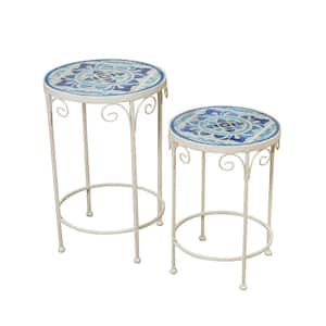 Blue and White Ceramic Mosiac Tile Accent Tables (Set of 2)