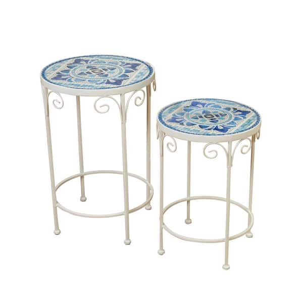 GERSON INTERNATIONAL Blue and White Ceramic Mosiac Tile Accent Tables (Set of 2)