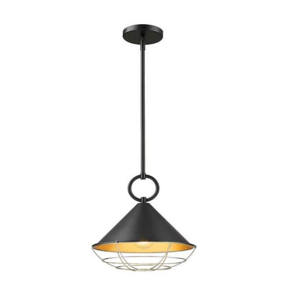 JAZAVA 12.3 in. 60-Watt 1 Light Black Finish Pendant Light with Metal Shade, No Bulbs Included