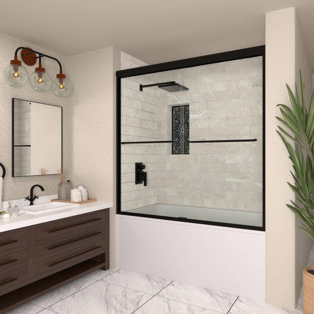 Matte Black Semi Frameless Sliding Tub Door with Clear Glass