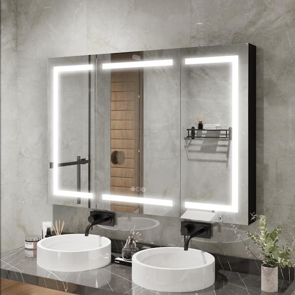 48 in. W x 32 in. H Rectangular Aluminum Recessed or Surface Mounted LED Lights Medicine Cabinet with Mirror in Black