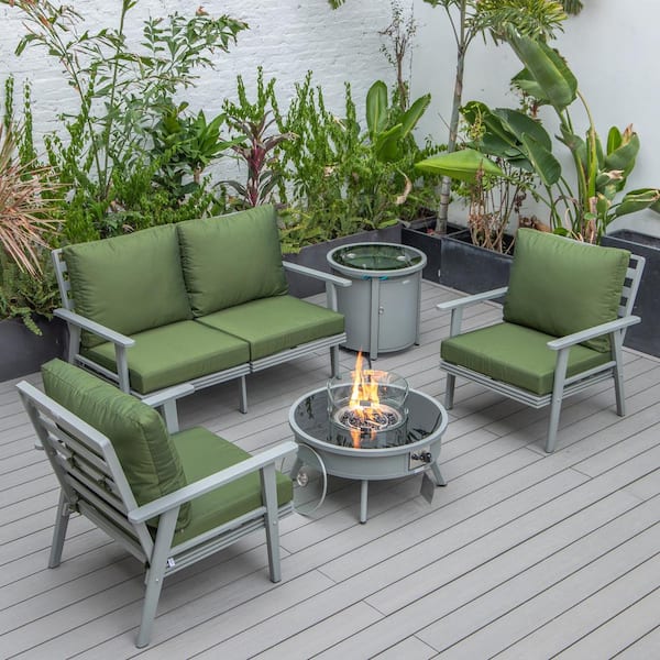 Leisuremod Walbrooke Grey 5-Piece Aluminum Round Patio Fire Pit Set with Green Cushions and Tank Holder