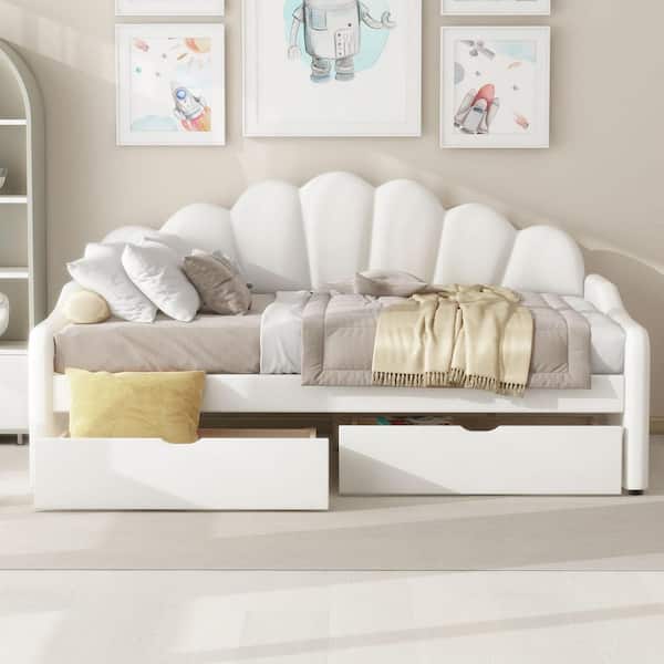 Beige Full Upholstery Daybed with 2-Drawers and Shall Shaped Backrest