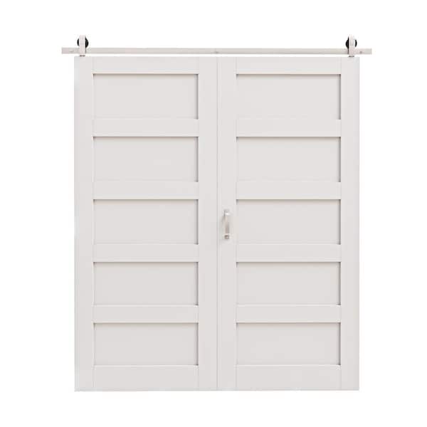 EH PUERTA 84 in. x 84 in. Paneled 6-Lite White Primed MDF Composite Bi-Fold Sliding Barn Door with Hardware Kit and Handle