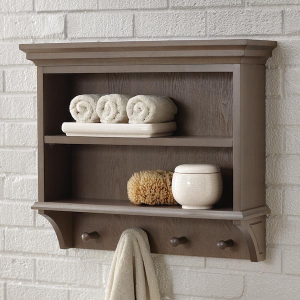 Home Decorators Collection Albright 24 in. W x 21 in. H x 7 in. D Wall-Mount 2-Tier Bathroom Shelf with Wooden Towel Pegs in Winter Gray