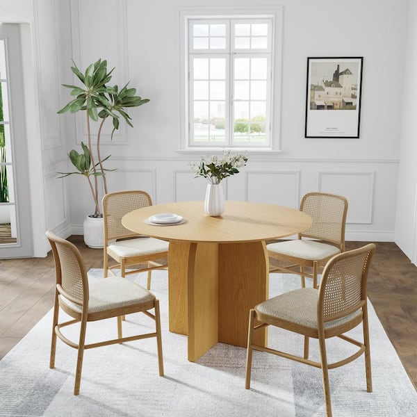 Dovelina Flora Modern Natural Color Round Oak Wood Top 42 in. Cross Leg Dining Table Seats 4