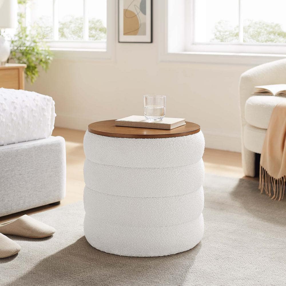 Cloud Boucle Fabric Round Storage Ottoman with Wood Grain Veneer Lid