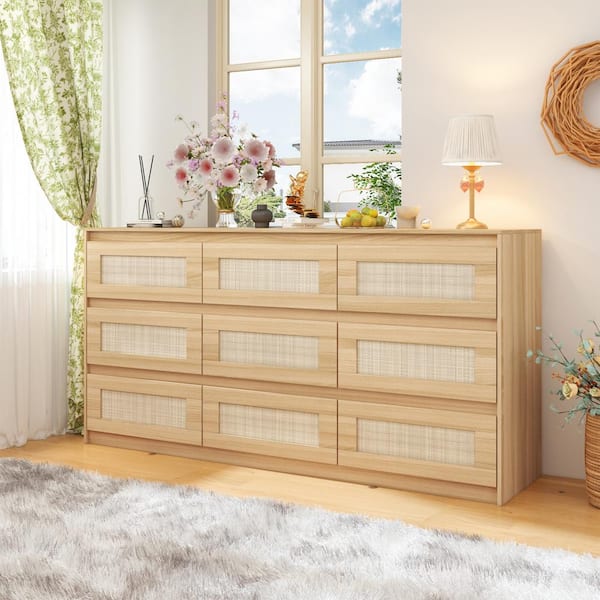 FUFU&GAGA Rattan Wood Finish 9-Drawer 62.9 in. x 15.7 in. x 31.9 in. Dresser, Wooden Chest of Drawers for Bedroom, Living Room