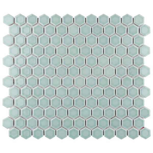 Merola Tile Tribeca 1 in. Hex Glossy Mist 6 in. x 6 in. Porcelain Mosaic Take Home Tile Sample