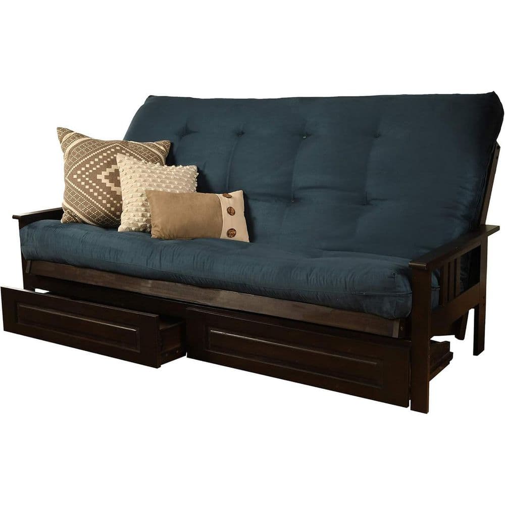 85 in. Espresso/Suede Navy Polyester Upholstered Queen Size Futon Set with Mattress and Storage Drawers