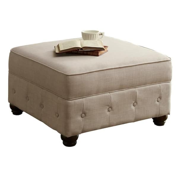 Beige Linen Square (Under 29.5 in.) Storage Ottoman with Solid Rubber Wood Legs