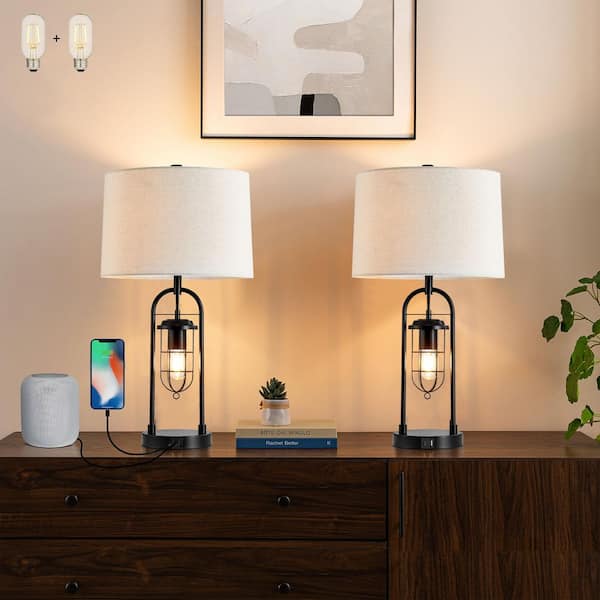 KAWOTI 26 in. Industrial Blackened Bronze Table Lamp with USB Ports (Set of 2)