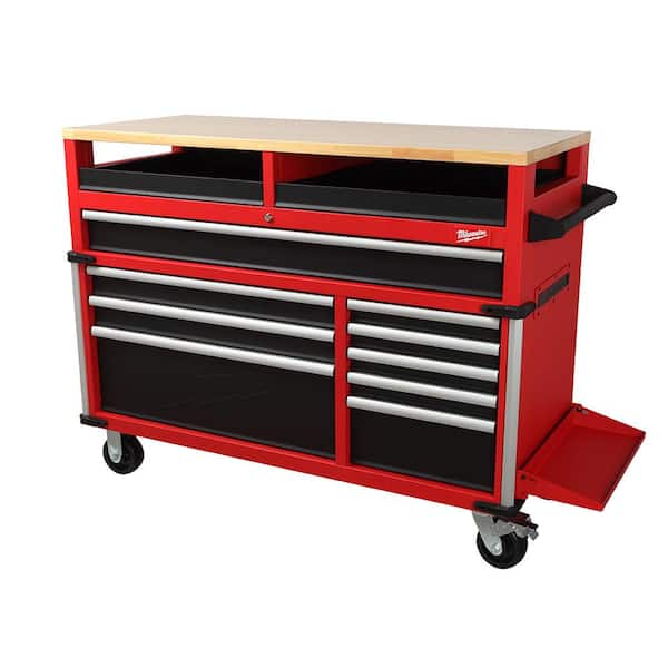 Milwaukee High Capacity 52 in. 11-Drawer Tool Chest Mobile Workbench Cabinet Clamp-Ready Wood Top