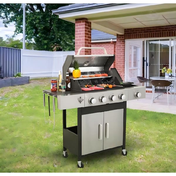 WTVWTV 4-Burner Propane Gas Grill in Stainless Steel with Side Burner, Condiment Rack and Built-In Thermometer for Outdoor BBQ