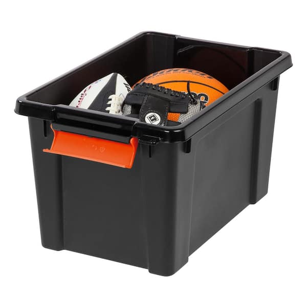 21 Qt. Stackable Storage Tote with Heavy-duty Orange Buckles/Lid in Black  586548 - The Home Depot