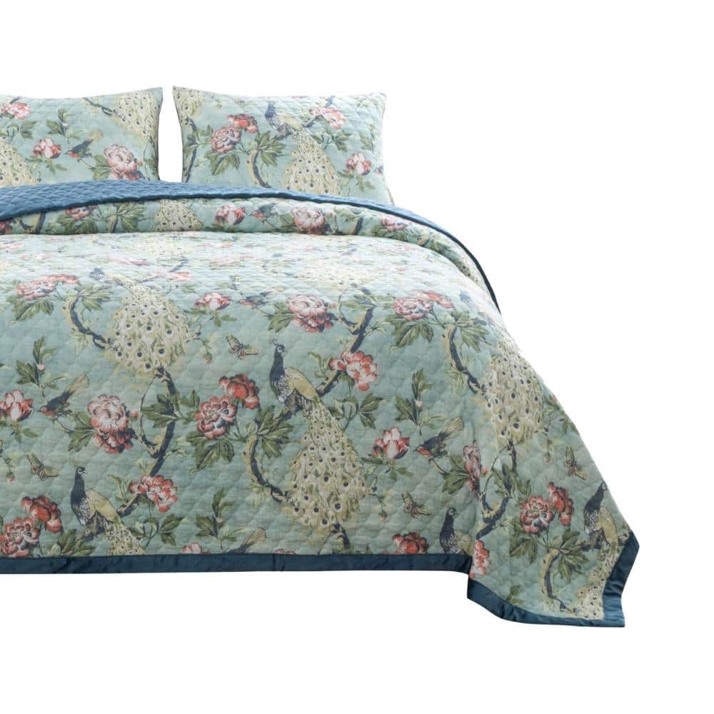 Blue and Green Reversible Microfiber Queen Quilt Set