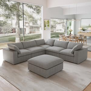 120 in. Square Arm 4-piece Linen Free Combination Modular Sectional Sofa with Ottoman in Gray