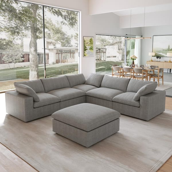 J&E Home 120 in. Square Arm 4-piece Linen Free Combination Modular Sectional Sofa with Ottoman in Gray