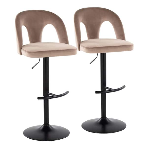 Ava Upholstered 45.5 in. Black Metal and Taupe Velvet Adjustable Barstool with Rounded T Footrest (Set of 2)