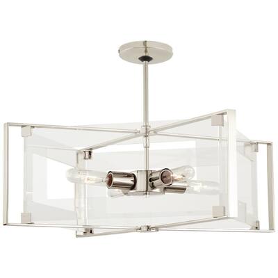 Crystal-Clear 4-Light Polished Nickel Semi-Flush Mount with Clear Acrylic
