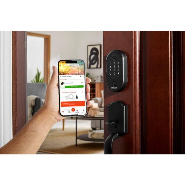 Round Fingerprint Matte Black Electronic Single Cylinder Deadbolt Wi-Fi Enabled Powered by Hubspace