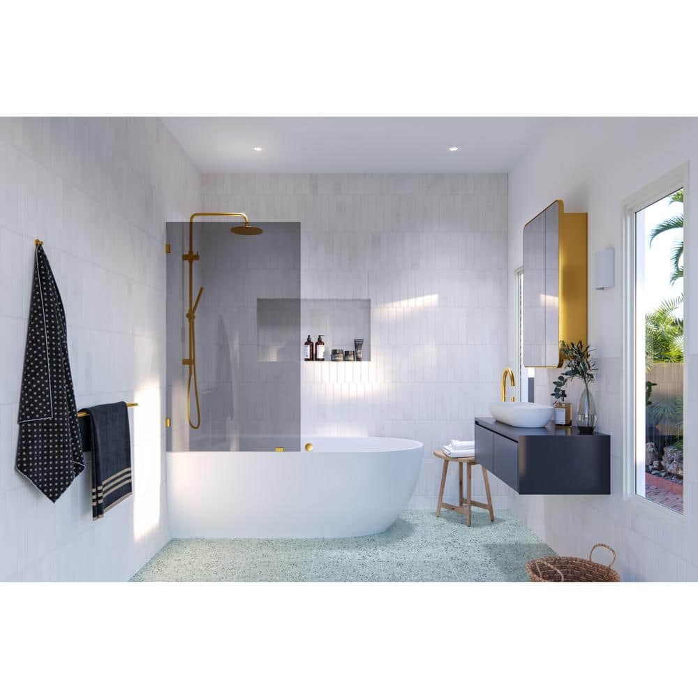 Ursa Frameless Gray Tinted Glass Bath Panel with Satin Brass Hardware